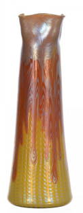 11" Signed Loetz Austria Phaenomen Art Glass: 11" Signed Loetz Austria Phaenomen Art Glass Vase - Lemon Yellow Ground - Orange Stripes Flowing Downward Giving The Impression Of Overflowing Fluid - Wonderful Silver Highlights - Circa 1900