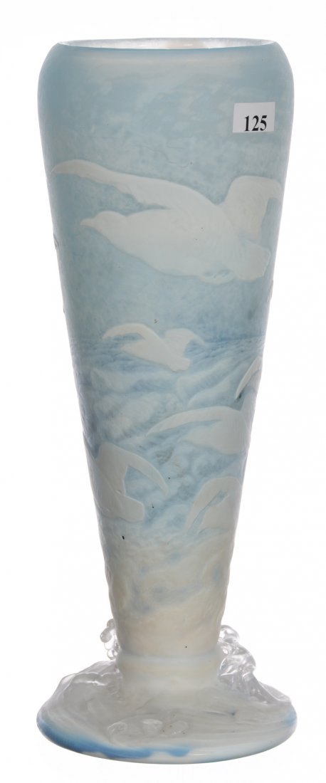 Very Rare 12 1/2" Signed Daum Nancy French Cameo Art: Very Rare 12 1/2" Signed Daum Nancy French Cameo Art Glass Vase - Ice Blue Background With Cameo Carved White Overlay Featuring Arctic Scene Of Ice, Snow And Ocean Waves With Sea Gulls Flying. Rare Ap