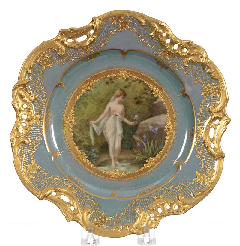 9" Marked Beehive Handpainted Porcelain Plate - Pale: 9" Marked Beehive Handpainted Porcelain Plate - Pale Blue Iridescent Background With Medallion Scene Featuring Nude In Wading Pool - Elaborate Gold Border Highlights