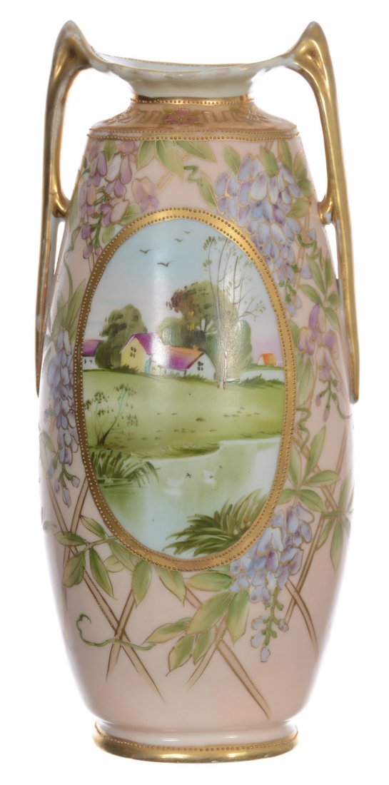 10" Nippon (Green Wreath Mark) Two-Handled Vase - Pink: 10" Nippon (Green Wreath Mark) Two-Handled Vase - Pink With Floral And Lattice Highlights - Medallion Farm Scene Decor