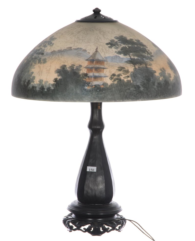 23 1/2" X 18" Marked Handel Reverse Painted Table Lamp: 23 1/2" X 18" Marked Handel Reverse Painted Table Lamp - Scene On Chipped Hand Finished Lamp Shade Features Mountain, Lake, Trees And Pagoda - Ebonized Metal Base In Form Of Paneled Oriental Design Wh