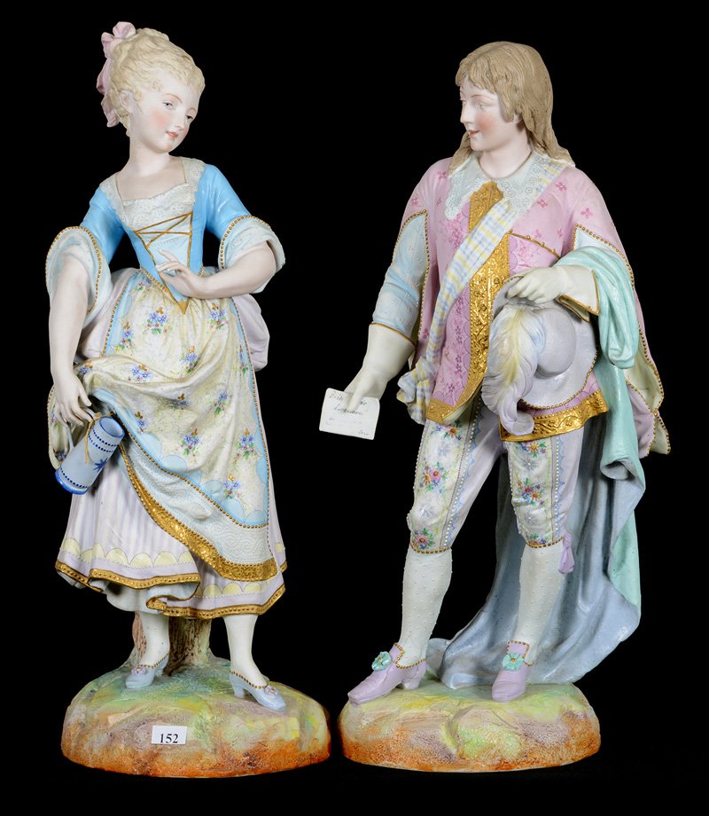 (2) 20 1/2" French Bisque Figures Marked "Paul Duboy" -: (2) 20 1/2" French Bisque Figures Marked "Paul Duboy" - Young Man Presenting Letter To Woman Who Appears Taken Aback