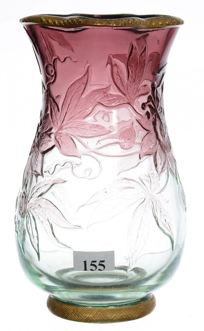 7 1/2" Marked "Thomas Webb & Sons" English Cameo Art: 7 1/2" Marked "Thomas Webb & Sons" English Cameo Art Glass Vase - Amethyst Shading To Green Body With Wheel Carved Floral Design - Fire Polished - Gold Trim Highlights - This Item Sold In 2014 To An O