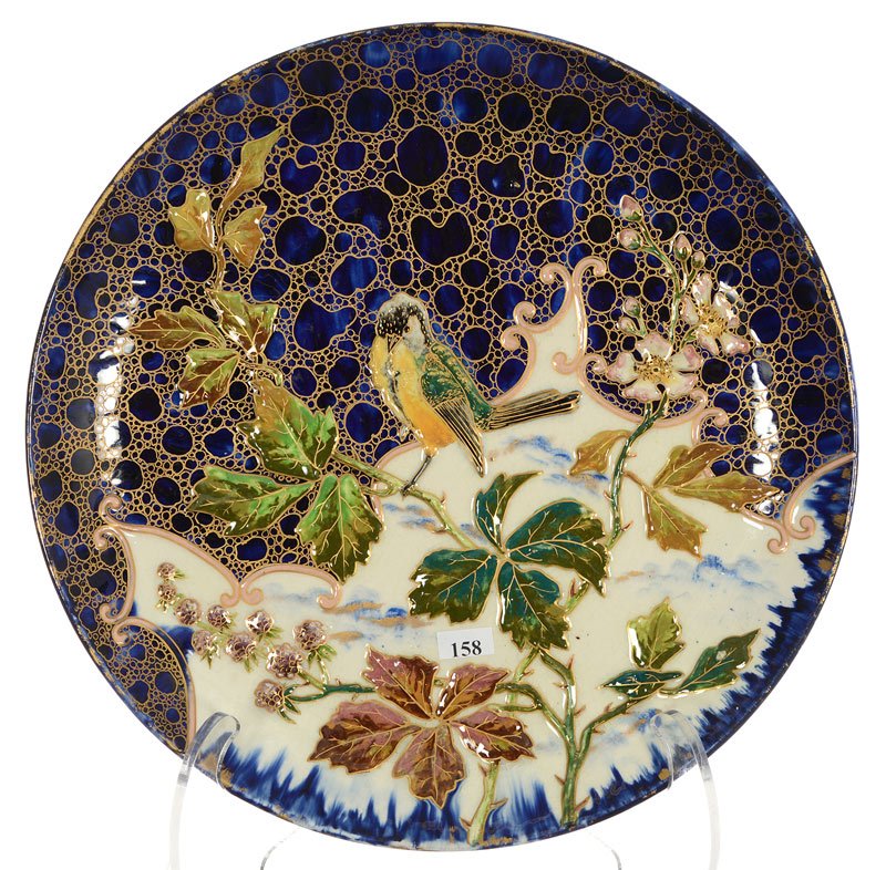 Elaborate 14 1/2" Marked Longchamp Ceramic Charger -: Elaborate 14 1/2" Marked Longchamp Ceramic Charger - Cobalt Blue With Embossed Blossom, Branch And Bird Decor - Quality Gold Stencil Highlights