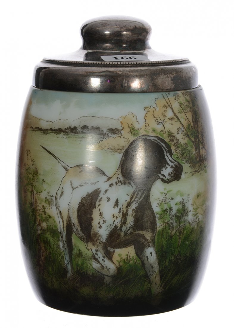 6 1/2" Unmarked Handel Ware Humidor - Dark Green And: 6 1/2" Unmarked Handel Ware Humidor - Dark Green And Brown Tones With Scenic Décor of Dog Pointing Game - Silverplate Lid