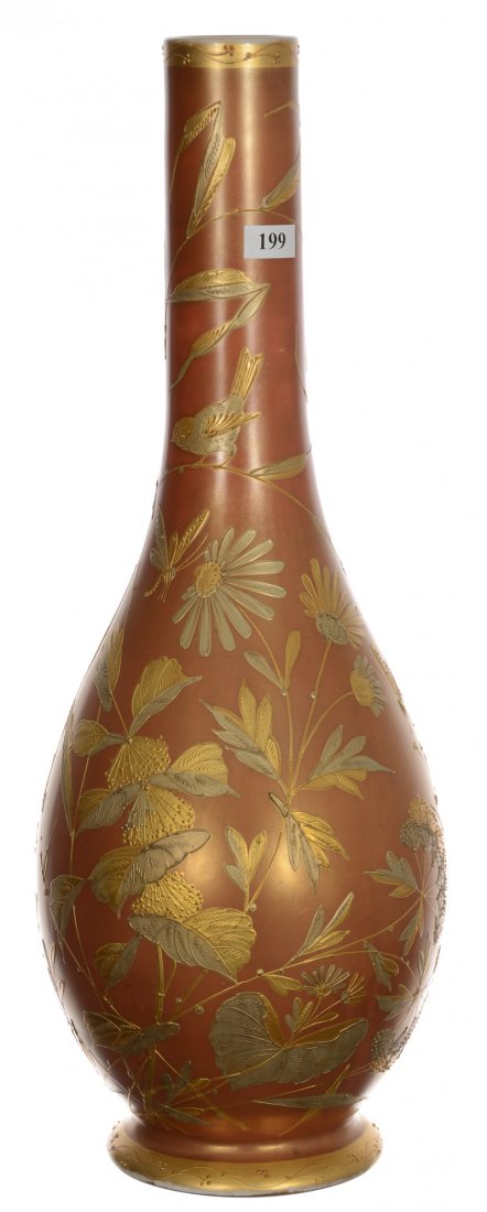 18" Unmarked Smith Brothers Bowling Pin Shaped Art: 18" Unmarked Smith Brothers Bowling Pin Shaped Art Glass Vase - White Opaque Body With Apricot Overlay - Gold And Silver Enamel Bird, Dragonfly And Floral Design