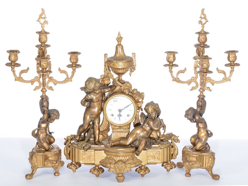 19" X 15" Italian Bronze Figural Clock With Pair 21: 19" X 15" Italian Bronze Figural Clock With Pair 21 1/2" Candelabrum - Set Features Four Cherubs - German Clock Works