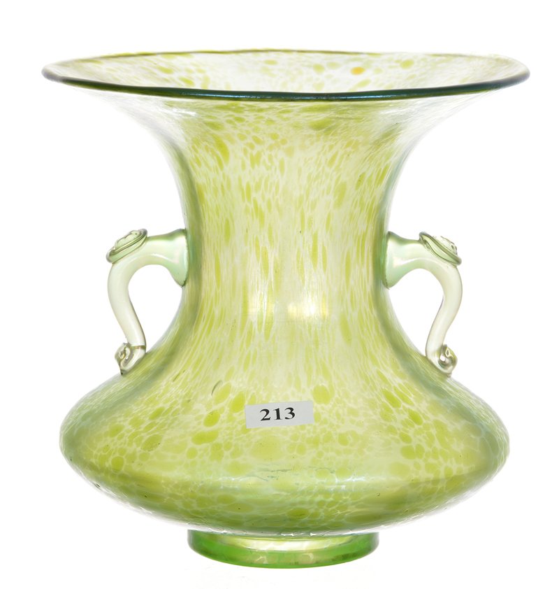 7 1/2" X 7 1/2" Unmarked Loetz Art Glass Flared: 7 1/2" X 7 1/2" Unmarked Loetz Art Glass Flared Two-Handled Vase - Green Iridescent With Oil Spot Highlights