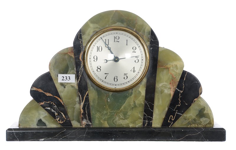 7 3/4" X 13" Art Deco Green And Black Marble Electric: 7 3/4" X 13" Art Deco Green And Black Marble Electric Mantel Clock - Hammond Clock Products - Needs New Electric Cord