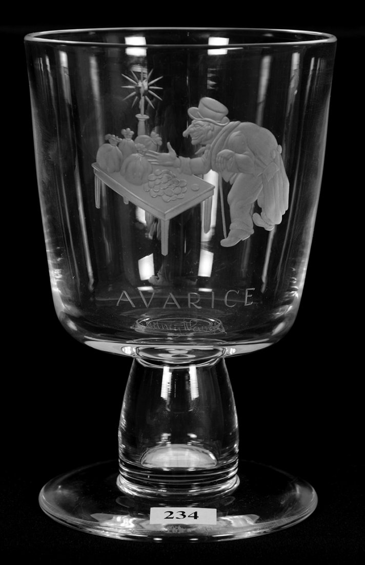 7 1/4" Signed Steuben Engraved Crystal Chalice - Scene: 7 1/4" Signed Steuben Engraved Crystal Chalice - Scene Of Old Miser At Table Covered With Bags Of Money - Titled "Avarice" - Artist Signed "Sidney Waugh"