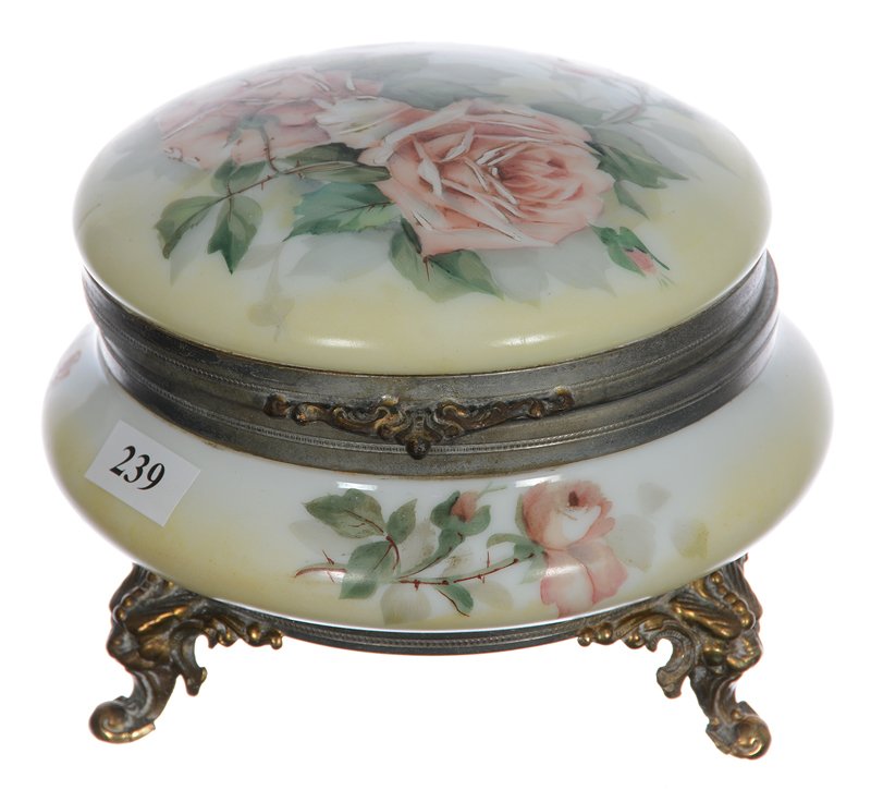 5" X 6" Unmarked Belle Ware Round Hinged Jewel Box -: 5" X 6" Unmarked Belle Ware Round Hinged Jewel Box - Yellow And White Tones With Pink Rose Decor