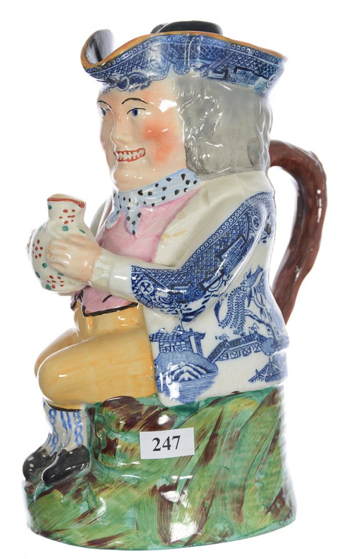 9 1/4" Original Toby Pitcher With Lid - Man Wearing: 9 1/4" Original Toby Pitcher With Lid - Man Wearing Blue Willow Pattern Jacket - Small Rim Chip