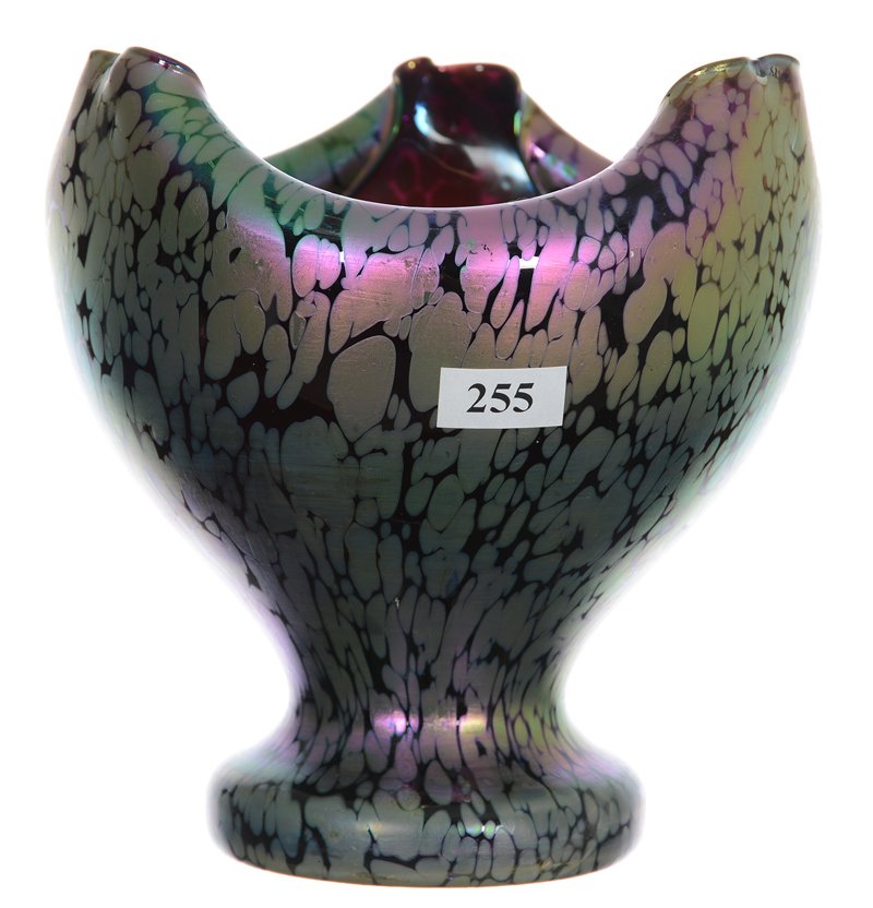 6 3/4" X 6 1/2" Unmarked Rindskopf Art Glass Vase -: 6 3/4" X 6 1/2" Unmarked Loetz (Rindskopf) Art Glass Vase - Amethyst Body With Iridescent Silver Oil Spot Highlights - This vase is attributed to Rindskopf