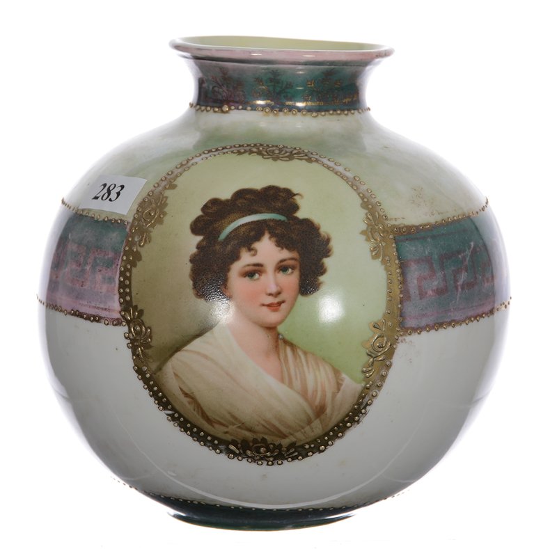 6" Royal Vienna (Crown Mark) Ball Shaped Vase - White: 6" Royal Vienna (Crown Mark) Ball Shaped Vase - White And Green Lustre Finish With Medallion Portrait Of Lebrun - Body Wear