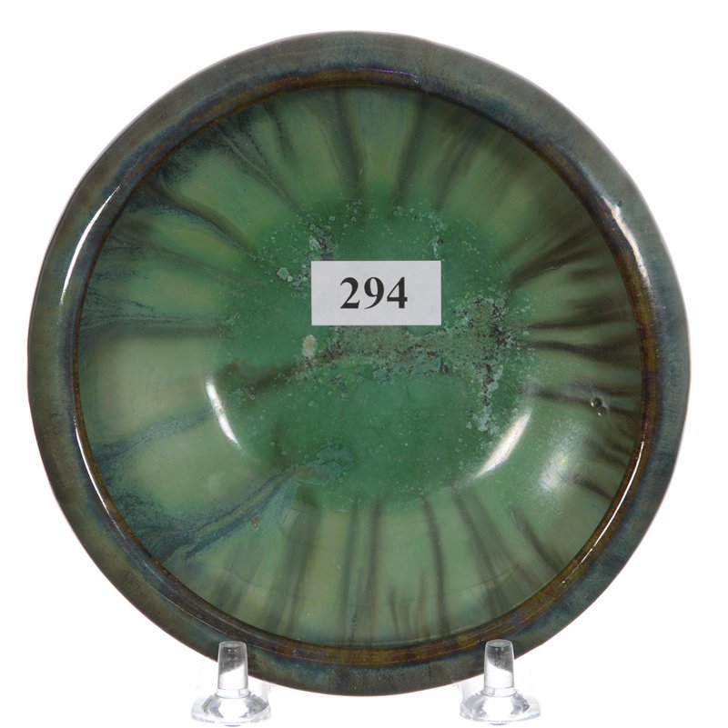 5" Marked Fulper Art Pottery Rolled Rim Dish - Green: 5" Marked Fulper Art Pottery Rolled Rim Dish - Green Matte Finish