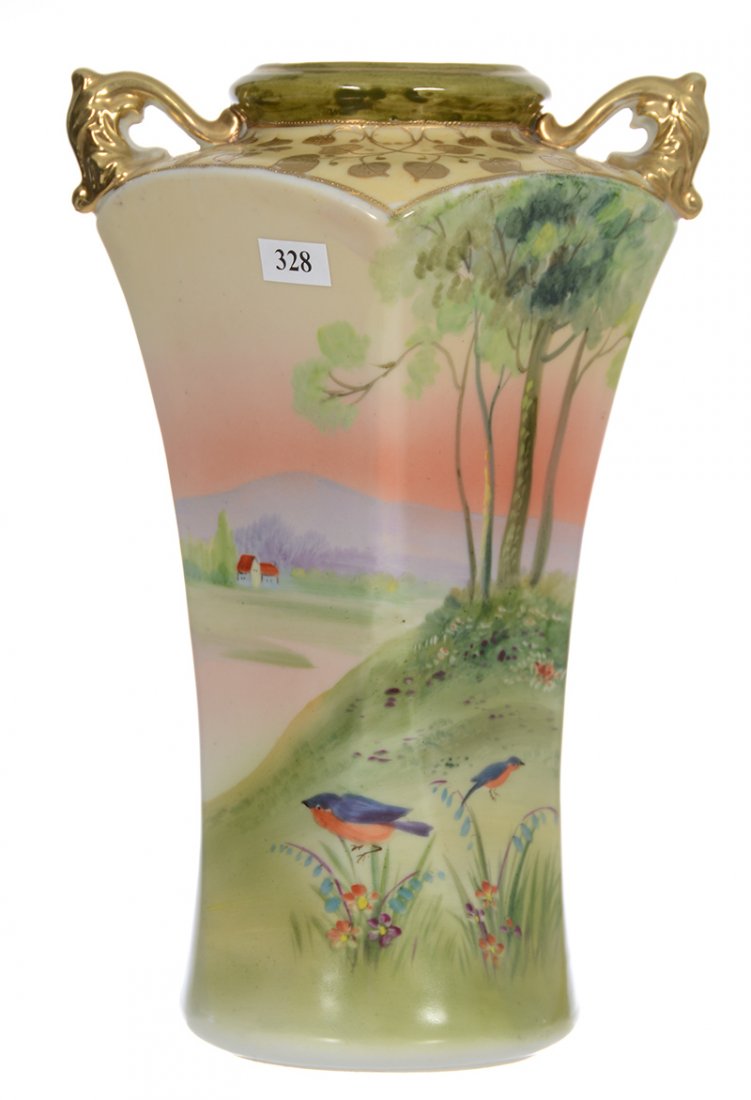 11 3/4" Unmarked Nippon Two-Handled Square Vase -: 11 3/4" Unmarked Nippon Two-Handled Square Vase - Sunset Field Scenic Decor - Nice Gold Highlights