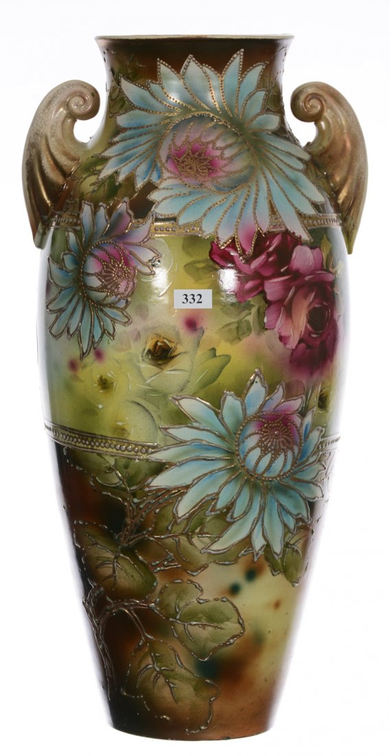 19" Unmarked Nippon Style Two-Handled Vase - Large: 19" Unmarked Nippon Style Two-Handled Vase - Large Colorful Chrysanthemum And Rose Decor