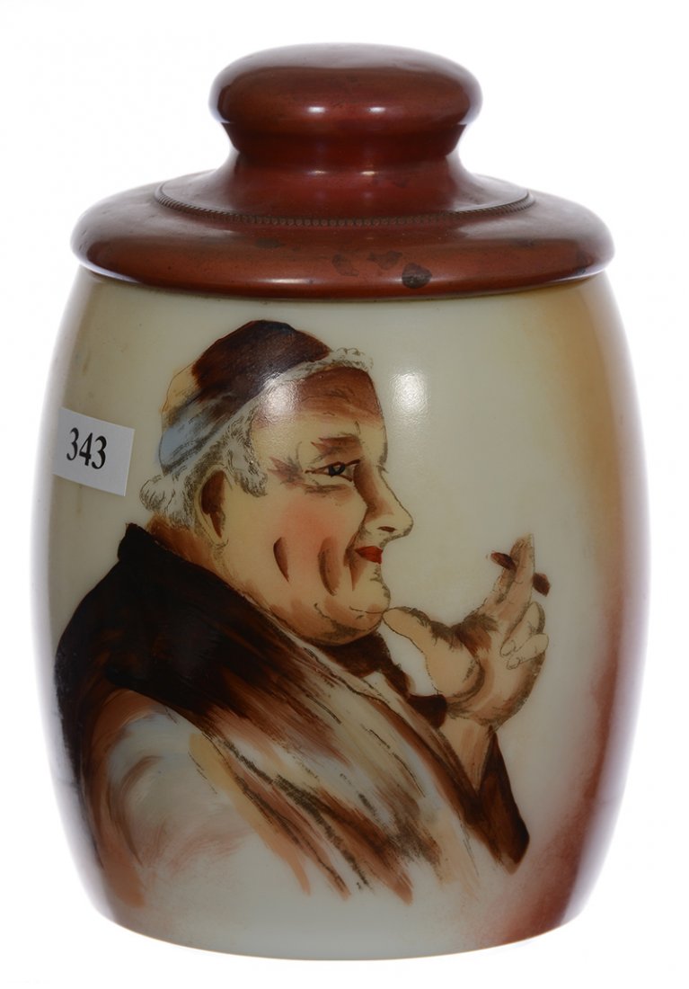 6 1/2" Unmarked Handel Ware Humidor - Brown And Rust: 6 1/2" Unmarked Handel Ware Humidor - Brown And Rust Tones With Scenic Portrait Decor Of Monk Smoking Cigar - Copper Tone Metal Lid