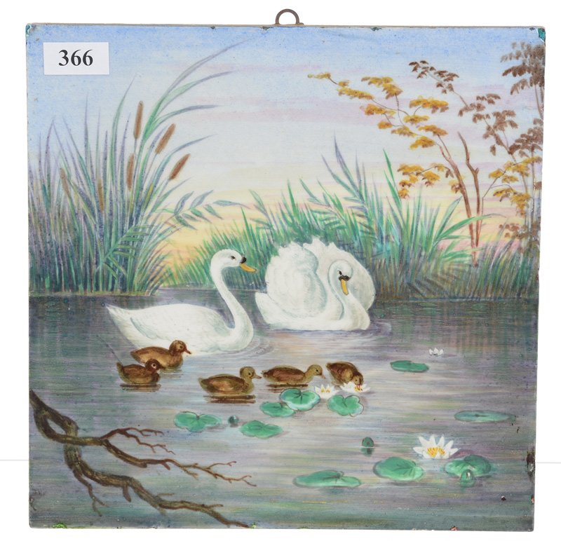 8" Square Marked "Minton Stoke On Trent" Handpainted: 8" Square Marked "Minton Stoke On Trent" Handpainted Tile - Swan And Gosling Scenic Decor - Minor Edge Nicks
