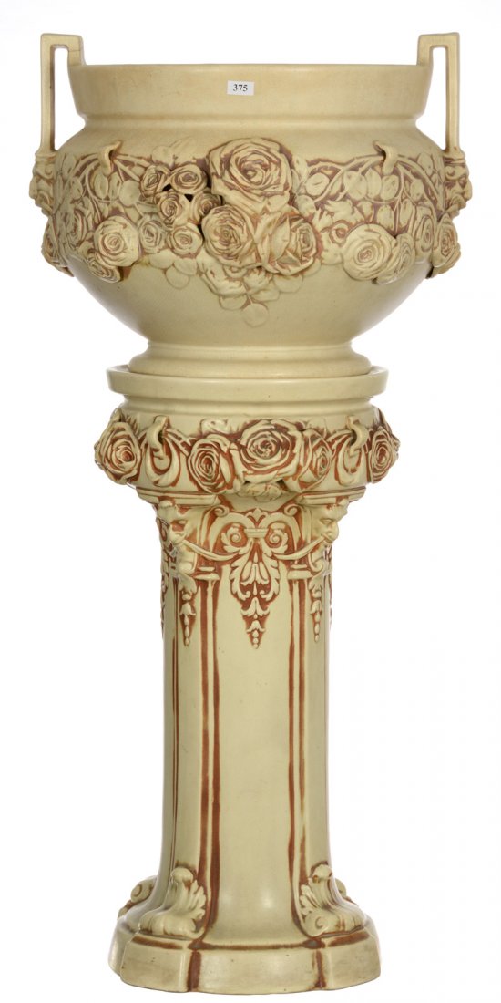 37" X 16" Marked Weller Art Pottery Jardiniere And: 37" X 16" Marked Weller Art Pottery Jardiniere And Pedestal - Ivory Ware Pattern With Rose Blossom Motif - Unique Three Dimensional Design - Has An Old Hairline On One Handle