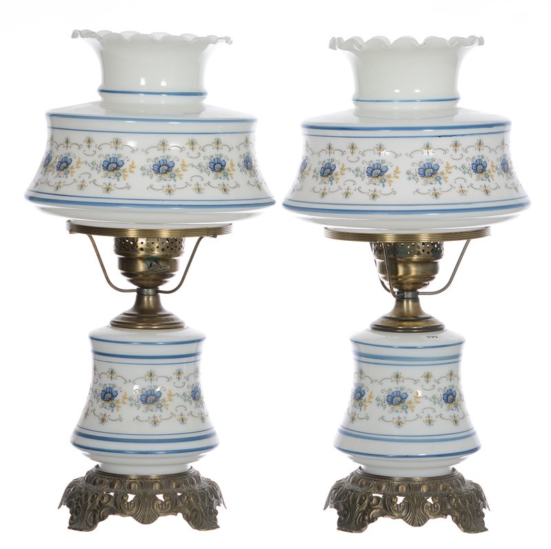 Pair 21" Electrified Table Lamps - White Milk Glass: Pair 21" Electrified Table Lamps - White Milk Glass With Painted Blue Floral Decor - Original Label Indicates "Quoizel Lighting - Abigail Adams Collections"