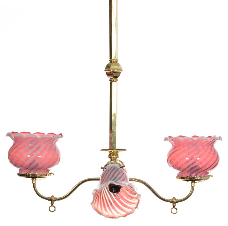 30" X 24" Brass Four-Light Gas Light Fixture That Has: 30" X 24" Brass Four-Light Gas Light Fixture That Has Been Electrified - Features Cranberry Opalescent Swirl Art Glass Shades