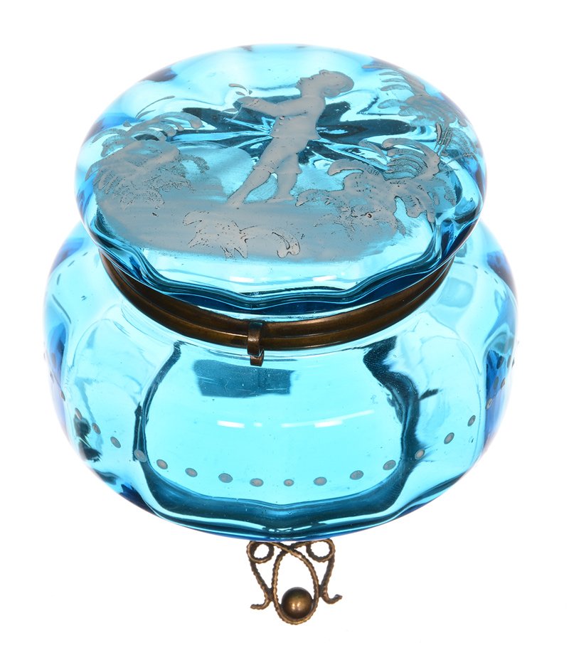 4 1/2" X 4 1/2" BLUE ART GLASS ROUND HINGED JEWEL BOX (1 of 4)