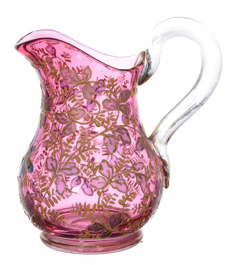 4" SIGNED MOSER CRANBERRY ART GLASS PITCHER (1 of 3)