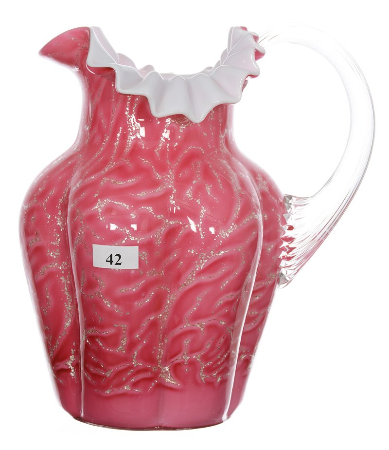 9" PINK CASED ART GLASS MELON RIBBED WATER PITCHER (1 of 4)