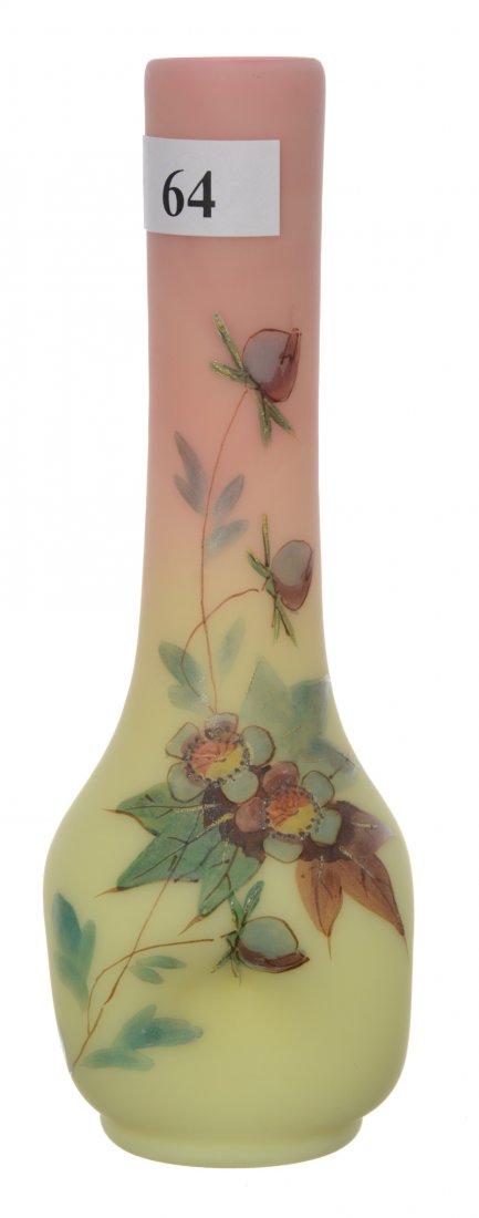 6" UNMARKED WEBB DECORATED BURMESE BUD VASE WITH SQUARE (1 of 3)