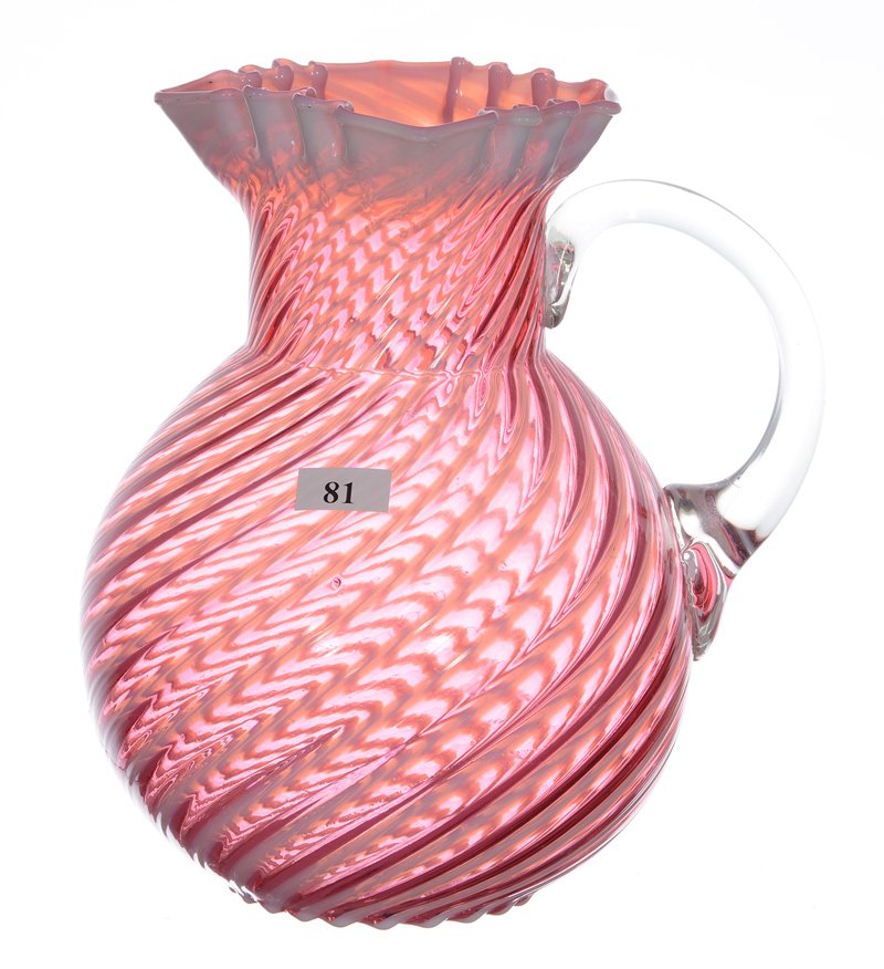 9" CRANBERRY OPALESCENT SWIRL ART GLASS WATER PITCHER (1 of 3)