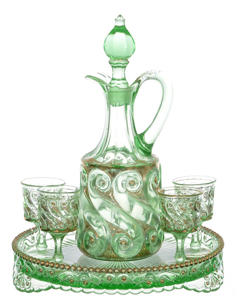 SIX PIECE EARLY AMERICAN PATTERN GLASS VASELINE (1 of 4)