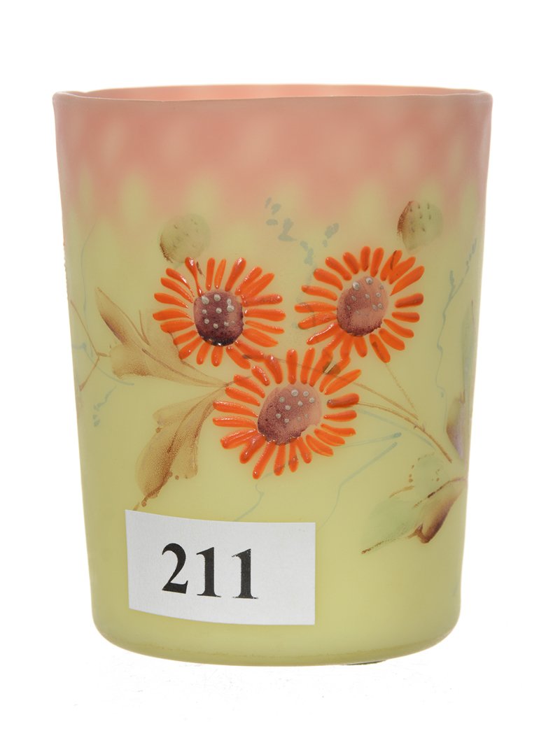 2 3/4" DECORATED BURMESE ART GLASS DIAMOND QUILTED SHOT (1 of 3)