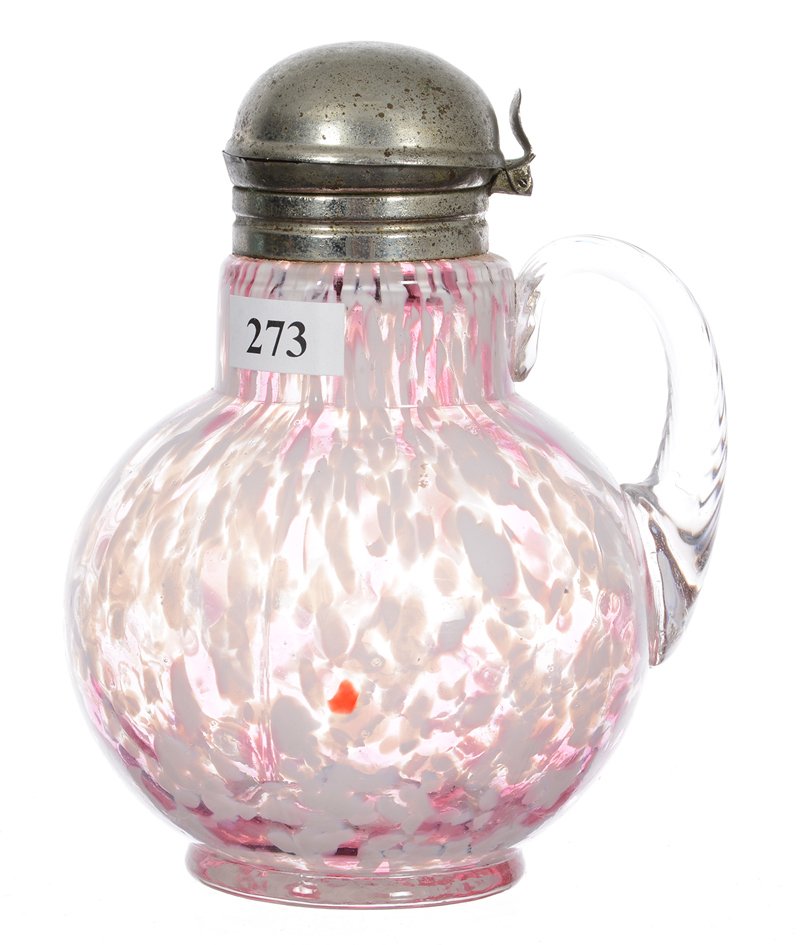 6" CASED PINK & WHITE SPATTER ART GLASS SYRUP PITCHER (1 of 3)
