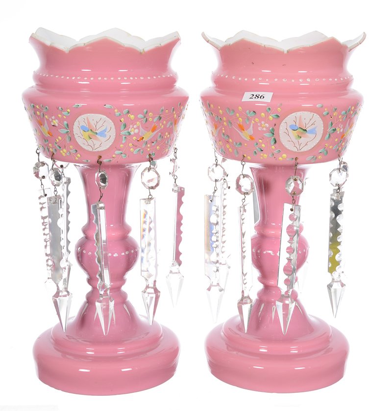 PAIR 12 3/4" PINK CASED ART GLASS CANDLE LUSTRES (1 of 3)