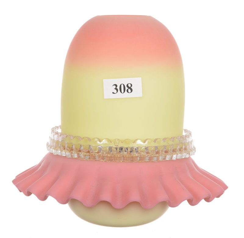 5 3/4" BURMESE ART GLASS FAIRY LAMP: 5 3/4" BURMESE ART GLASS FAIRY LAMP RUFFLED SKIRTED BASE - CLEAR CLARK INSERT - BURMESE DOME