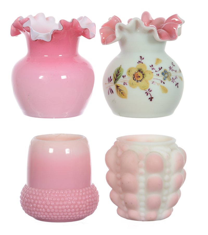 (4) ART GLASS TOOTHPICK HOLDERS: (4) ART GLASS TOOTHPICK HOLDERS (1) PINK SATIN GUTTATE - (1) PINK ACORN - (2) CASED PINK AND WHITE, ONE WITH FLORAL DECOR