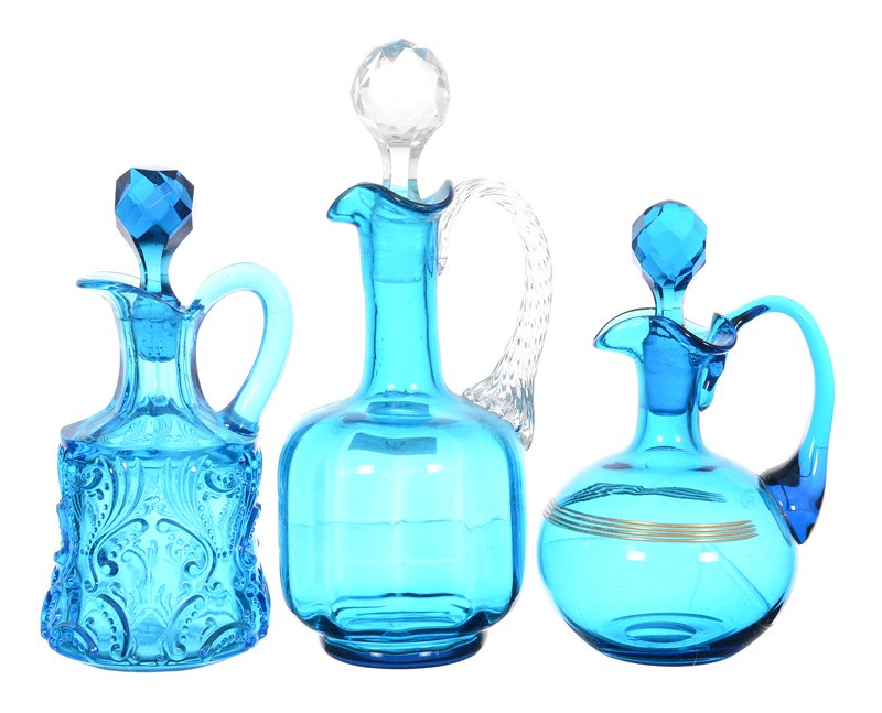 (3) BLUE ART GLASS CRUET BOTTLES (1 of 3)