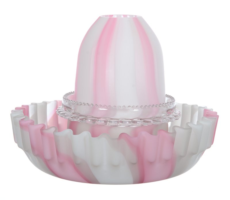 STEVENS & WILLIAMS PINK AND WHITE PEPPERMINT WIDE: STEVENS & WILLIAMS PINK AND WHITE PEPPERMINT WIDE STRIPE FAIRY LAMP INTERCHANGEABLE BASES - ONE BASE IS 6 3/4" WIDE - SECOND BASE IS 5 1/2" WIDE