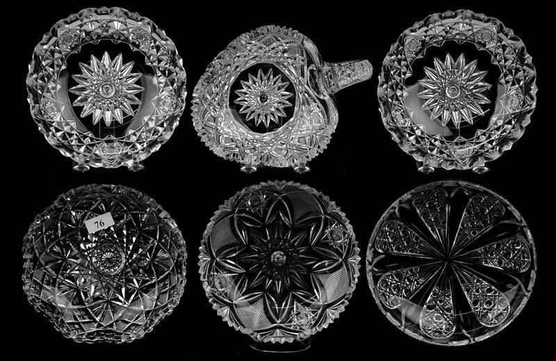 (6) NAPPIES INCLUDING:: (6) NAPPIES INCLUDING: (1) PARISIAN PATTERN BY DORFLINGER, TRI-CORNER, WITH HANDLE (LIGHT TOOTH CHIPPING) - (1) ALTERNATING CLEAR TUSKS AND CANE FIELDS - (1) IMPERIAL PATTERN BY STRAUS - (1) SIGNED EG