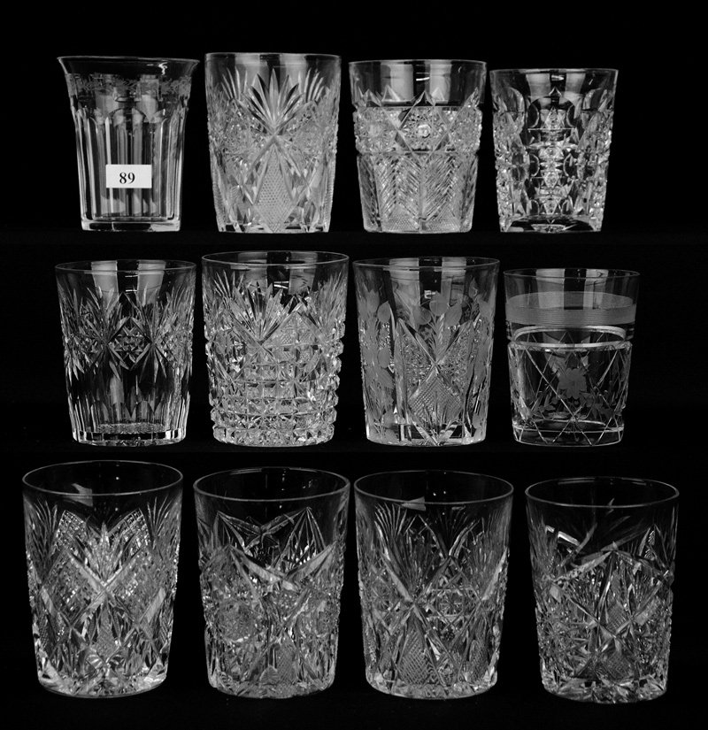 (12) TUMBLERS INCLUDING:: (12) TUMBLERS INCLUDING: PATTERNS SUCH AS PRINCESS BY HAWKES, FERN BY OHIO CUT GLASS, CUT AND WATERCRESS BY HAWKES, ACME BY EGGINTON, STAR & DIAMOND BY DORFLINGER (WITH MONOGRAM) AND MORE - SEE PHOTOG