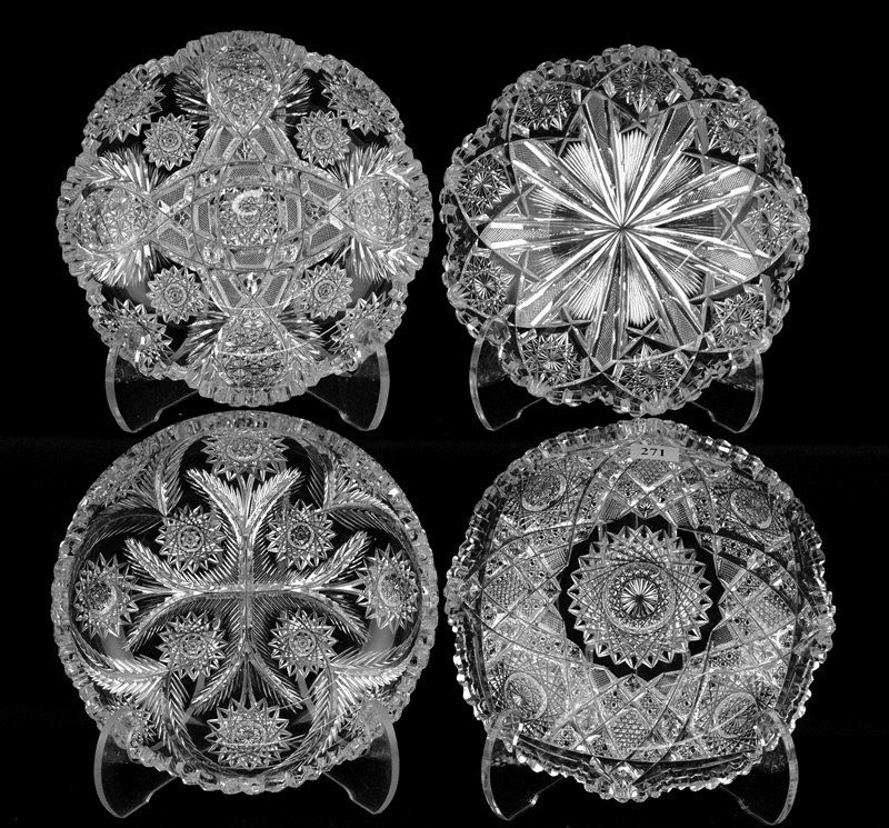 (4) 8" LOW BOWLS INCLUDING:: (4) 8" LOW BOWLS INCLUDING: (1) HOBSTAR, CANE AND NAILHEAD DIAMOND ATTRIBUTED TO J. HOARE - (1) SIGNED LIBBEY EMPRESS PATTERN (TOOTH ROUGHNESS) - (1) HOBSTAR, VESICA, RUSSIAN, FILE AND WREATH DESIGN (