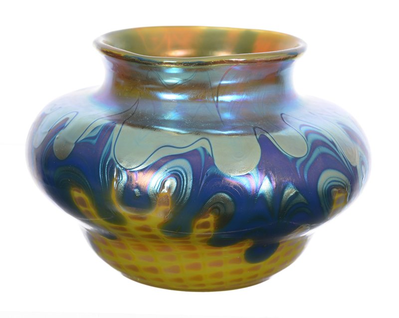 EXTREMELY RARE!: EXTREMELY RARE! 3 1/2" X 5" SIGNED LOETZ AUSTRIA PHANOMEN ART GLASS VASE - FORM & GENRE #353 BY FRANZ HOFSTATTER - FORM & GENRE DESIGNED FOR 1900 PARIS EXPOSITION - OUTSTANDING COLOR COMBINATION OF ME