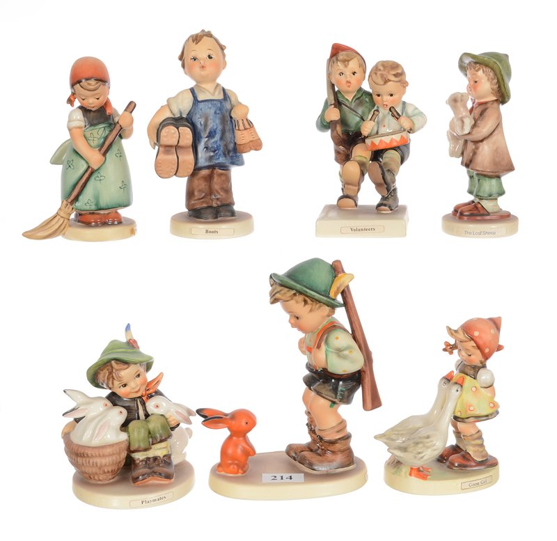 (7) HUMMEL FIGURINES INCLUDING: (7) HUMMEL FIGURINES INCLUDING (1) #6/1 SENSITIVE HUNTER - (1) #143/0 BOOTS - (1) #171 LITTLE SWEEPER - (1) 63/2/0 THE LOST SHEEP - (1) #58/0 PLAYMATES - (1) #50/2/0 VOLUNTEERS - (1) #47/3/0 GOOSE GIR