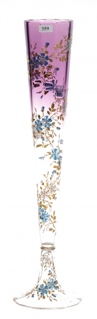 20 3/4" MARKED MOSER AMETHYST SHADING TO CLEAR ART: 20 3/4" MARKED MOSER AMETHYST SHADING TO CLEAR ART GLASS PEDESTAL TRUMPET VASE BLUE AND WHITE BLOSSOM DECOR WITH GOLD LEAF HIGHLIGHTS