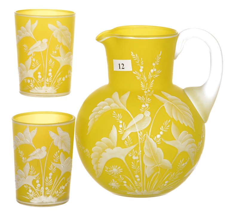 7.25" BRIGHT YELLOW FLORENTINE CAMEO ART GLASS WATER: 7.25" BRIGHT YELLOW FLORENTINE CAMEO ART GLASS WATER PITCHER & (2) TUMBLERS PITCHER AND BOTH TUMBLERS ARE MARKED WITH ACID STAMP OF THOMAS WEBB & SONS - the interior spout rim has a small chip to the
