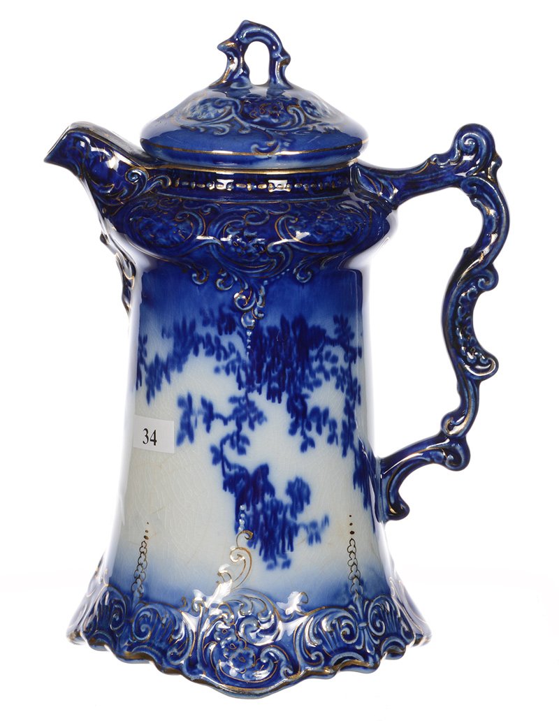 10" FLOW BLUE LA BELLE PATTERN COVERED CHOCOLATE POT (1 of 3)
