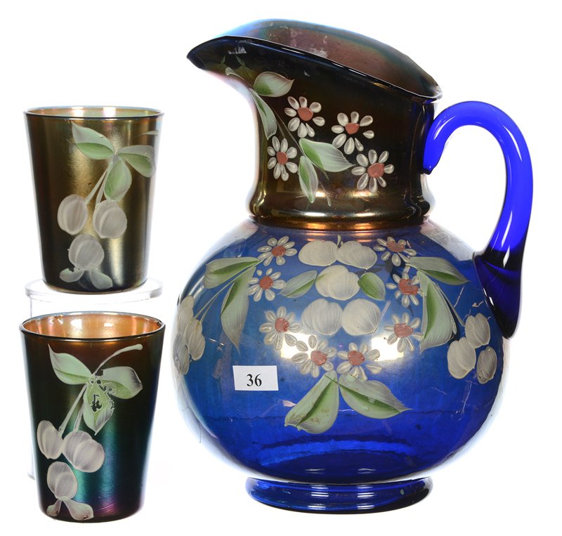 10" CARNIVAL GLASS BLUE CHERRIES AND BLOSSOM ENAMELED (1 of 3)