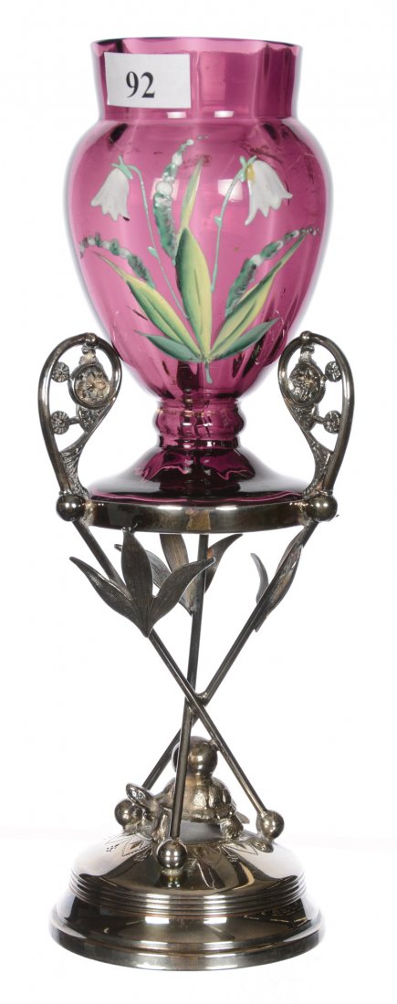 9" PEDESTAL LAVENDER ART GLASS VASE WITH ENAMEL FLORAL (1 of 3)