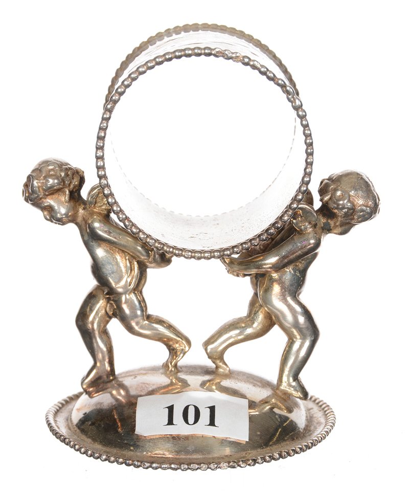 3.5" SILVERPLATE NAPKIN RING: 3.5" SILVERPLATE NAPKIN RING MODEL #1011 - TWO CHERUBS CARRYING NAPKIN RING ON THEIR BACK